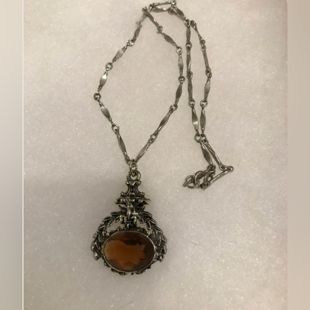 Vintage Gothic Like Necklace with Amber "Stone", Silver Toned Chain - Picture 5 of 6